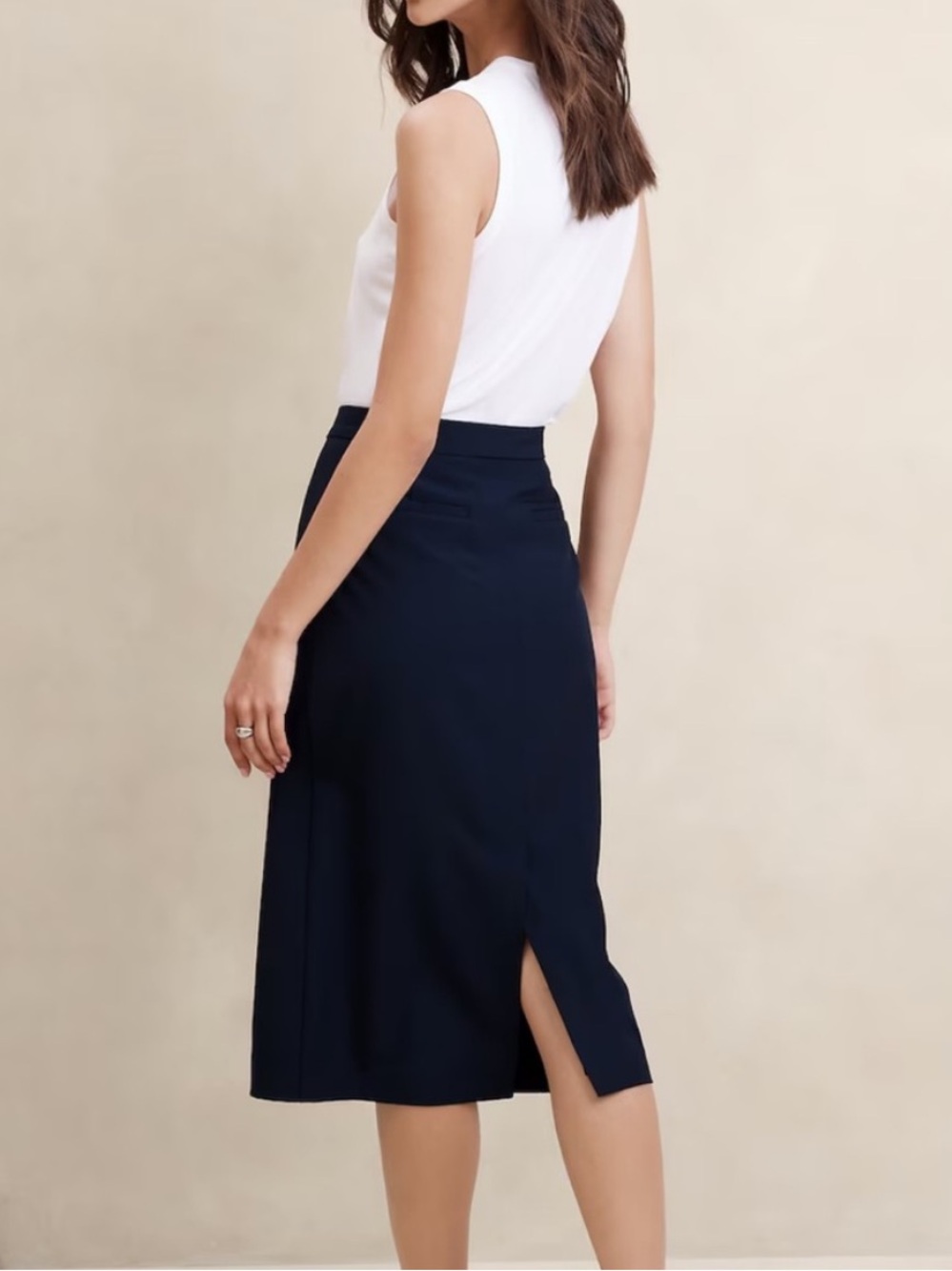 New Banana Republic Sculpted High Waist Black Midi Skirt Back Slit Office 4